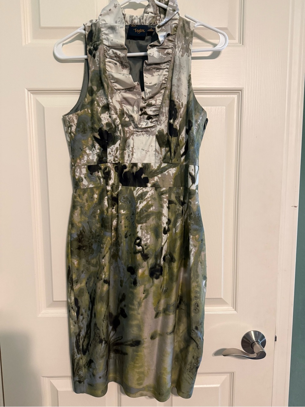 Just...Taylor Olive, Silver and Black Ruffle-Neck Midi Sheath Dress
